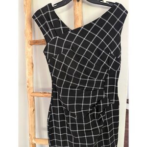 Muxxn Boutique Lrg Black White Grid Sheath Pencil Stretch Office Business Dress